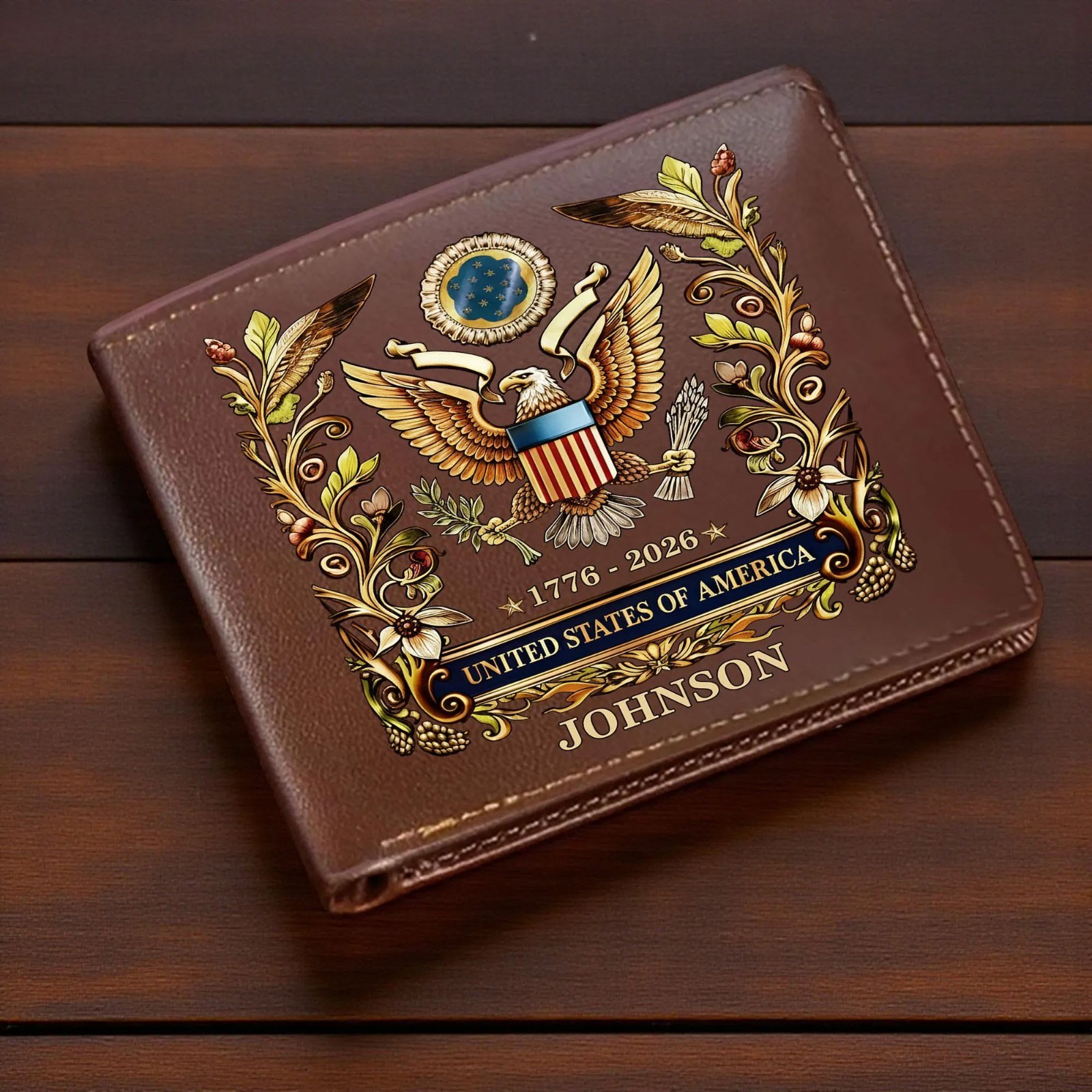 Custom USA Eagle Leather Wallet 1776-2026 250th Anniversary Patriotic Gift Men