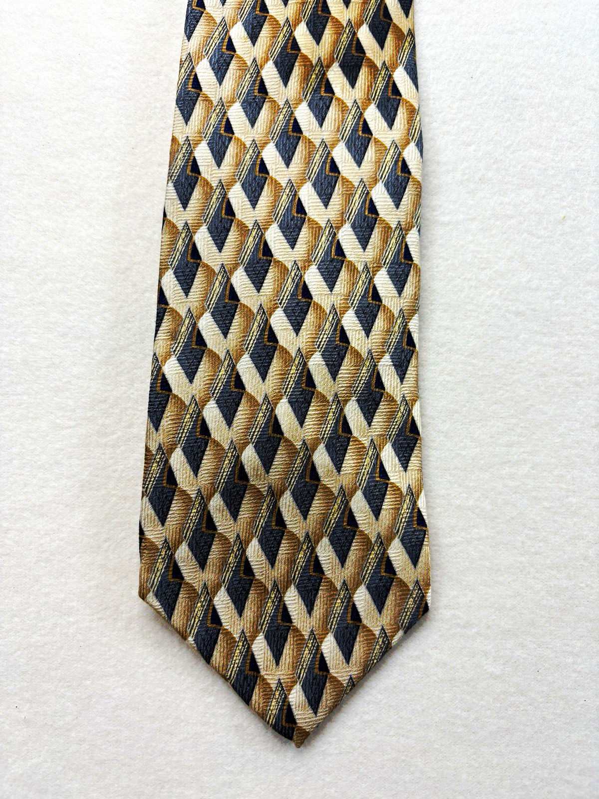 Vintage Bowen Brothers Clothiers Silk Geometric Necktie USA Handmade Beige Blue
