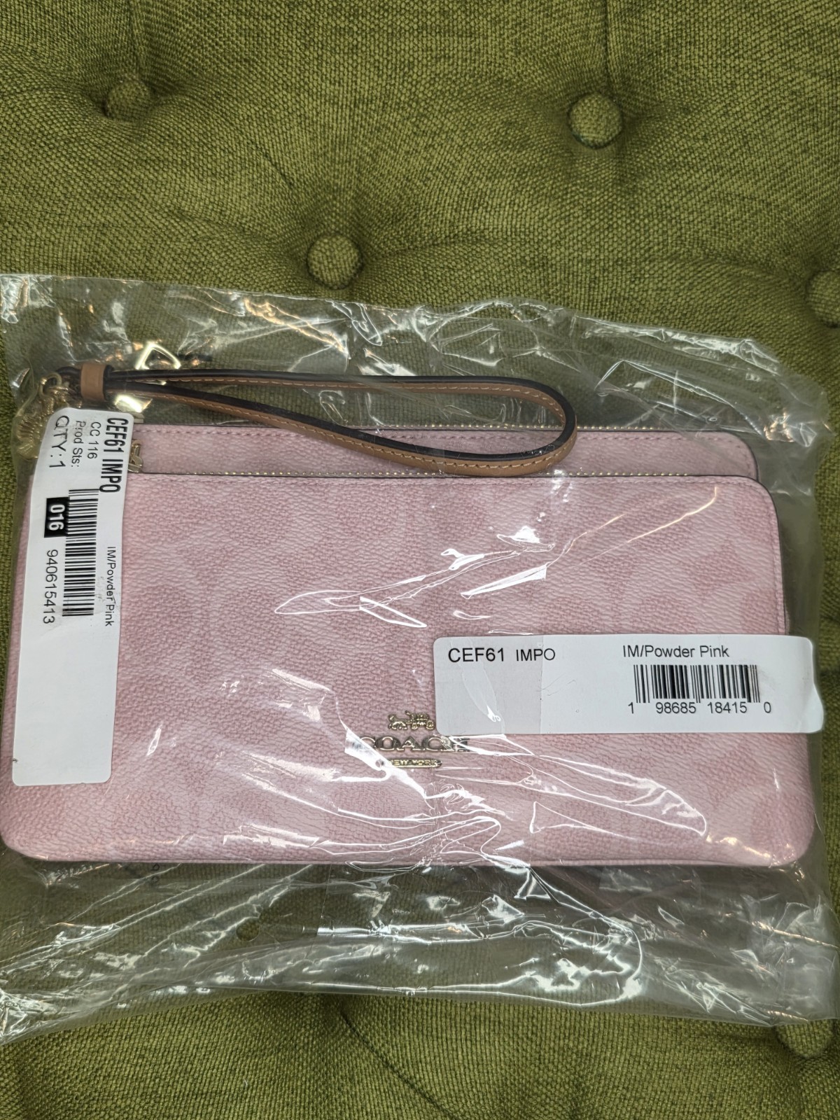 New Coach Double Zip Wristlet In Powder Pink Signature Canvas With Charms