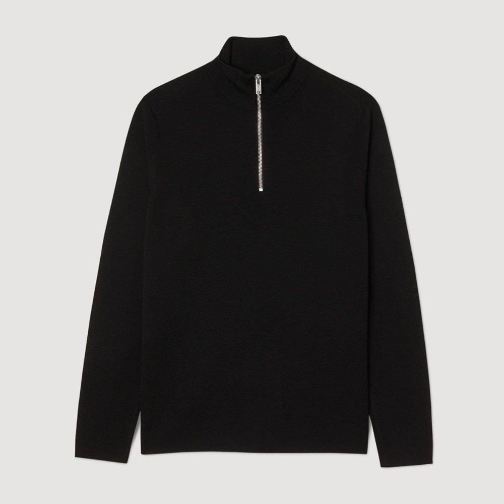 Sandro Black Quarter-Zip WOOL men’s SWEATER WITH ZIPPED COLLAR