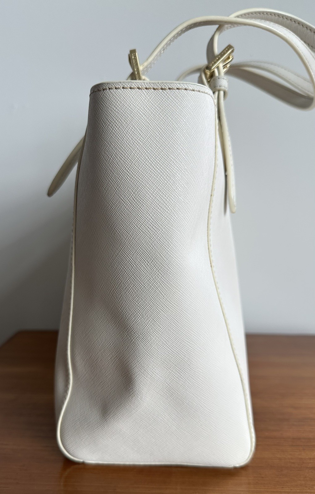Tory Burch York Buckle Tote – Small, Cream. Saffiano Leather with Gold Hardware