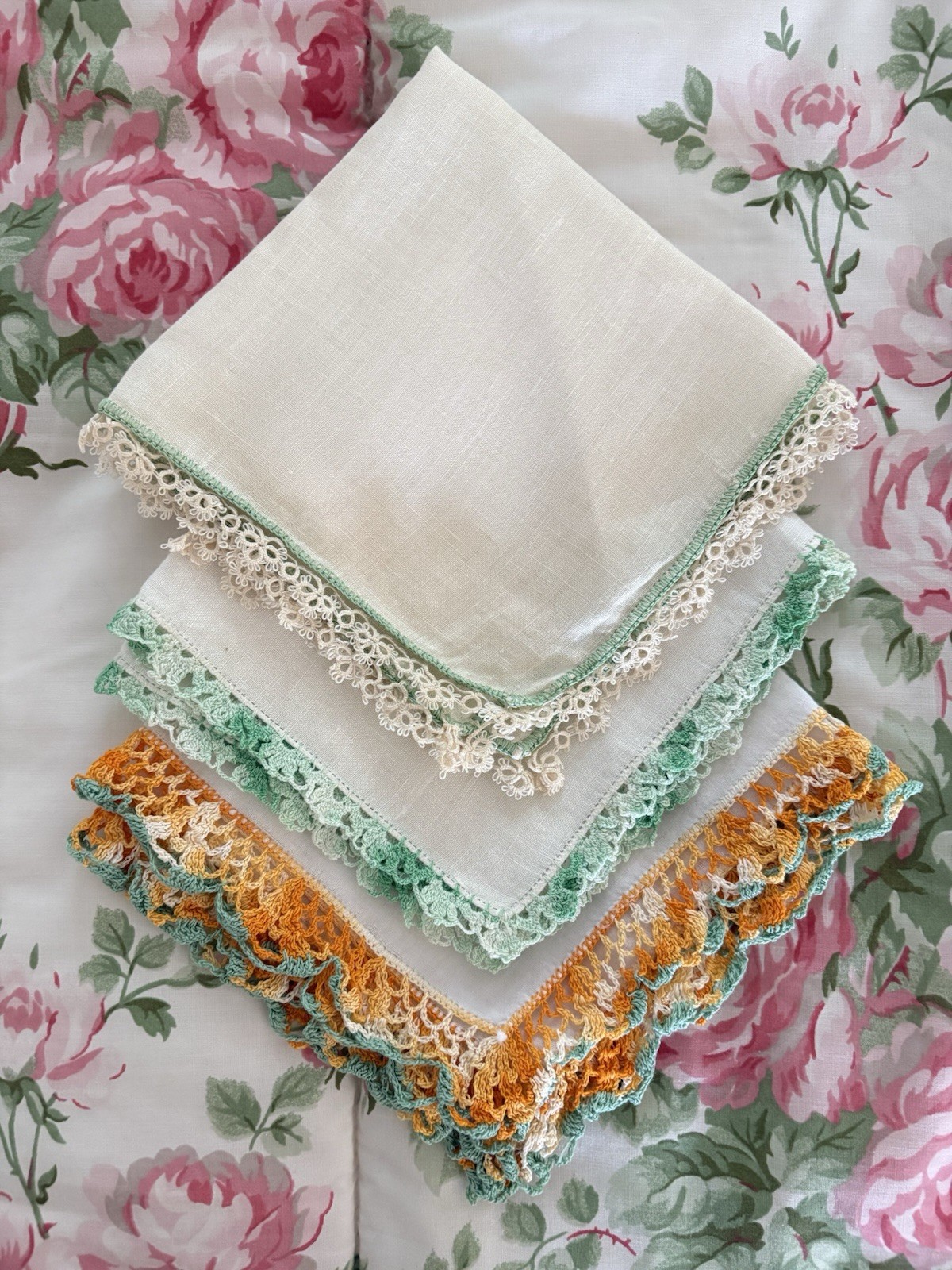 Vintage Handkerchiefs Lot of 3 White w Hand Crocheted & Tatted Trim Cotton