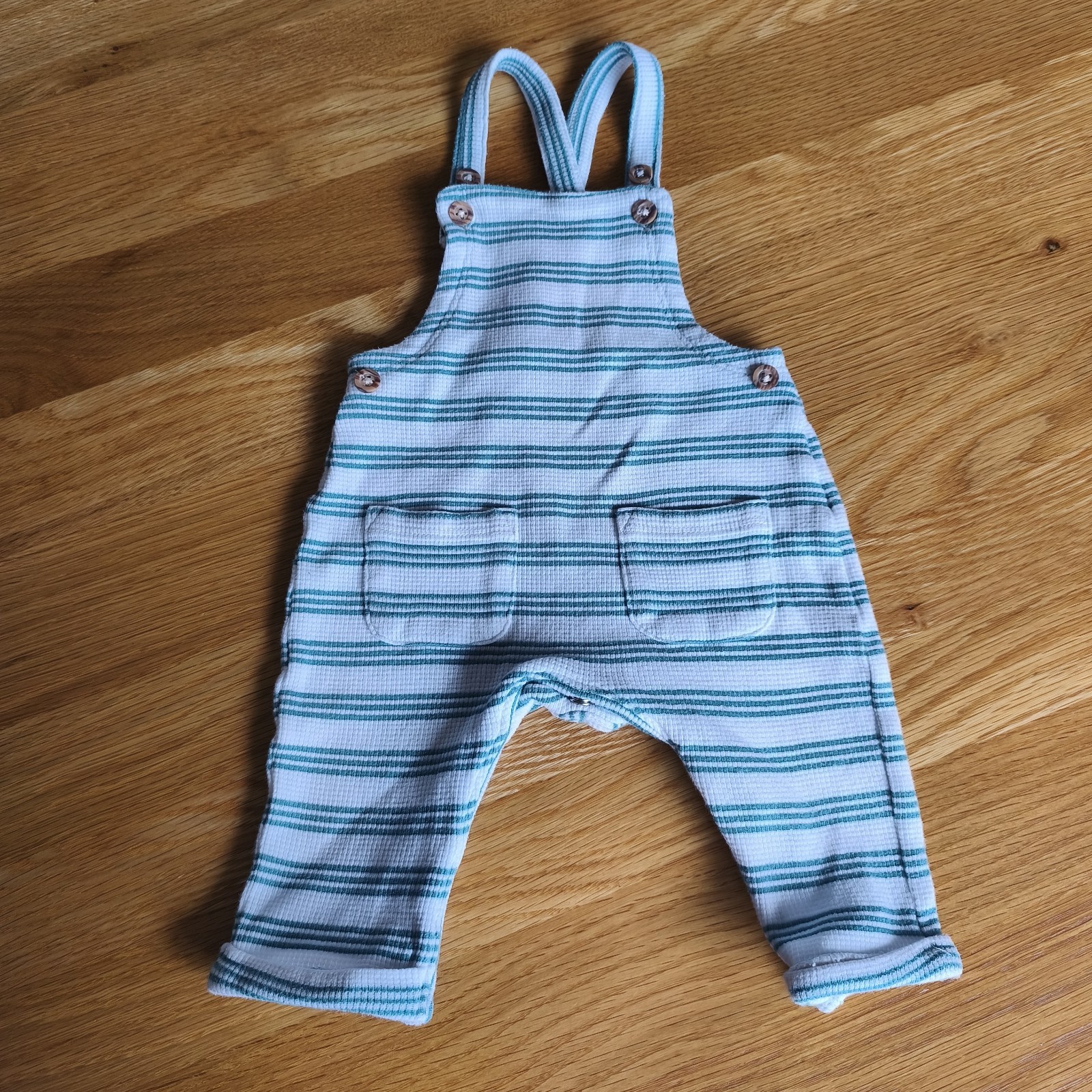 Baby Boys 0-3 Months White and Green Striped Dungarees