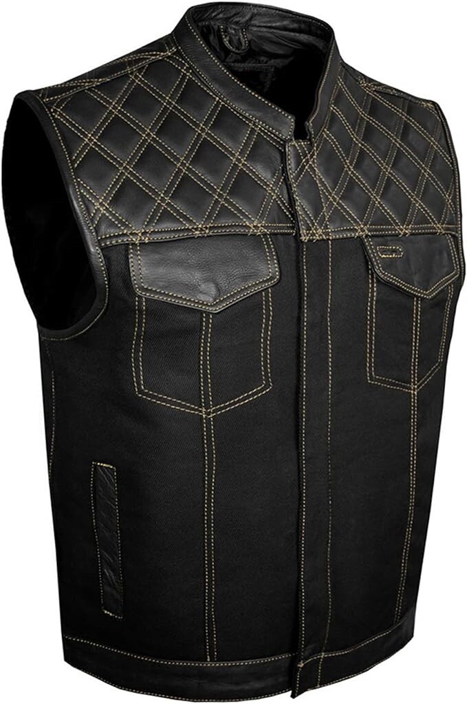 SOA Men’s Motorcycle Club Denim & Leather Vest Concealed Carry Pocket Multicolor