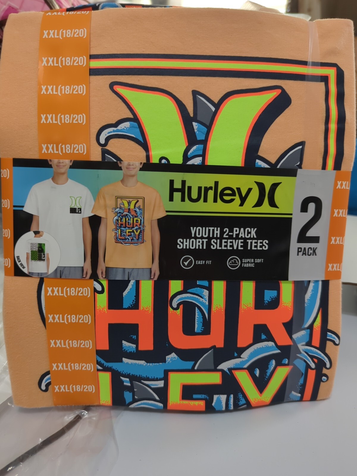 NWT Hurley Youth Boy’s 2 Pack Short Sleeve Easy Fit Graphic Tee Orange/White XXL