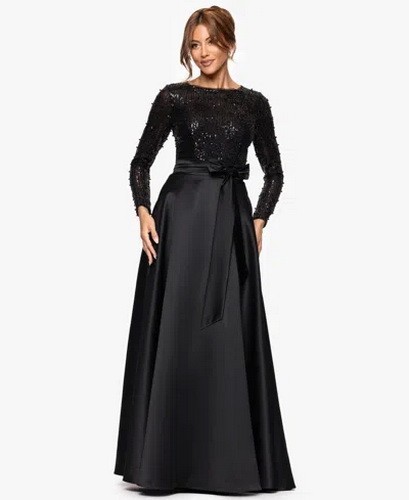 Xscape Black Sequin Satin Skirt Long Sleeve Ballgown Size 14W $279