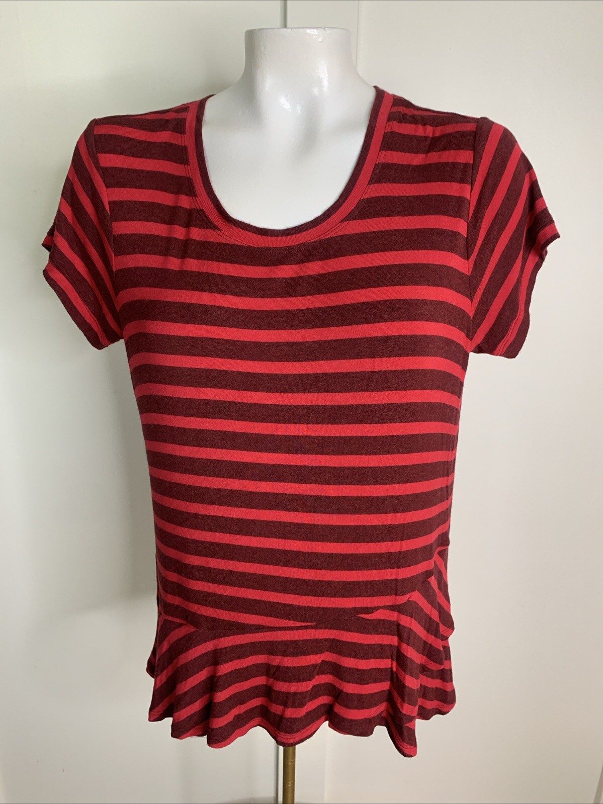 Cabi #3631 Sweet Talk Striped Peplum Tee Shirt Stretch Red Size S