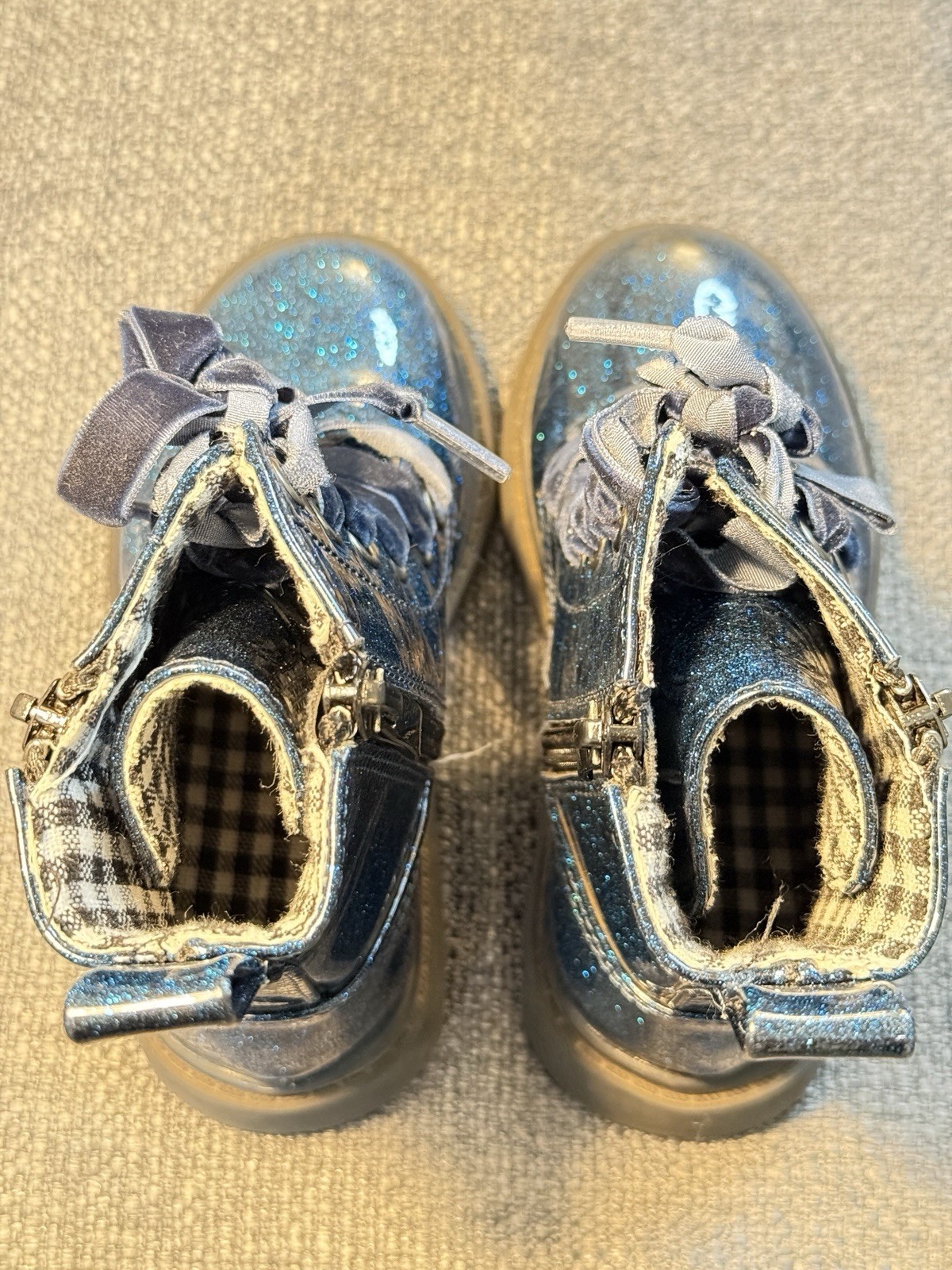 Girls Blue Glitter Ankle Bootie w/ Side Zip, Bow Accent, Round Toe, US 9.5