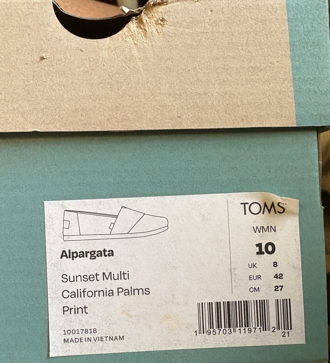Size 10 Tom’s Sunset Multi California Palms Alpargata New With Tags