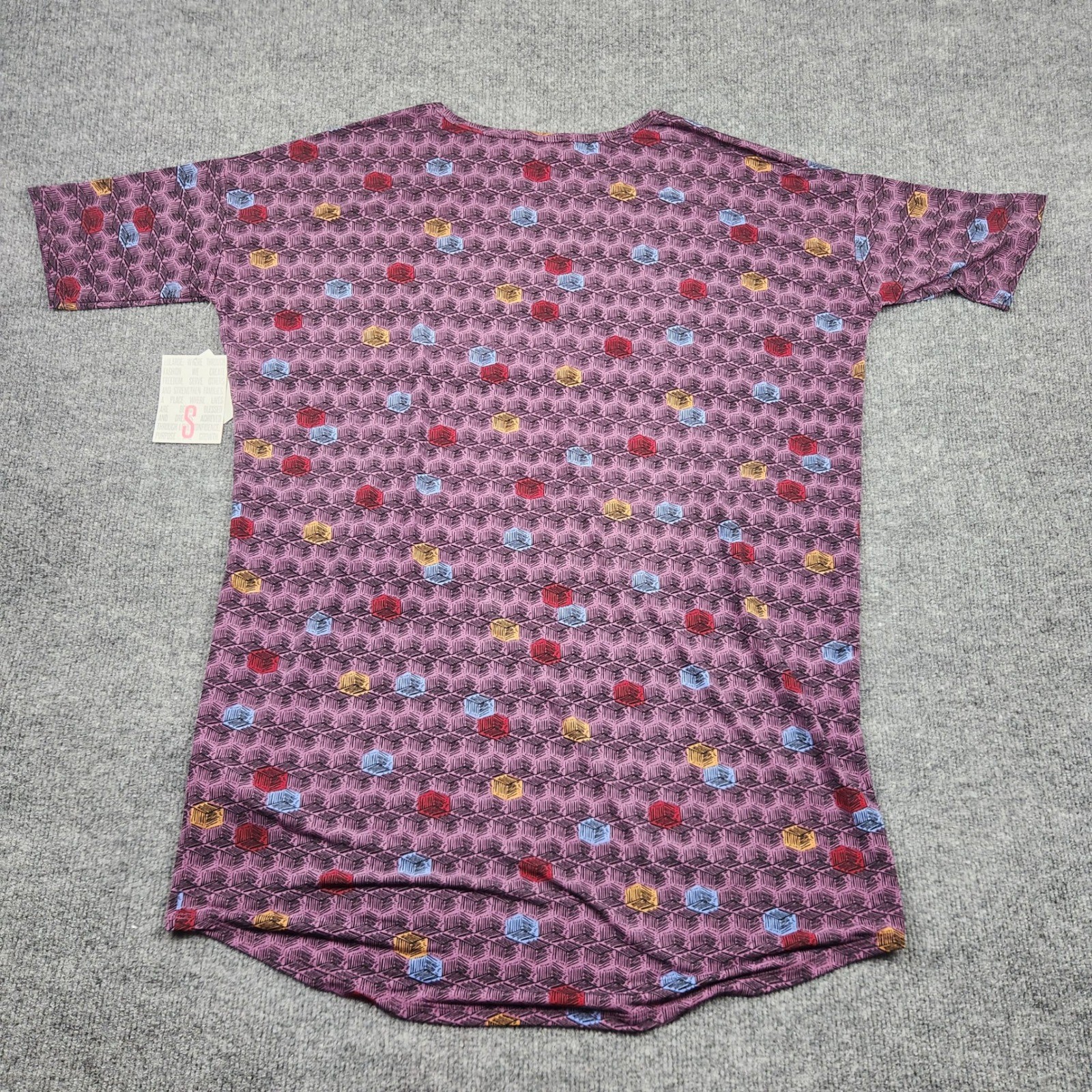 LuLaRoe Irma Tunic Top Womens Small Purple Geometric Cube Print High Low NWT