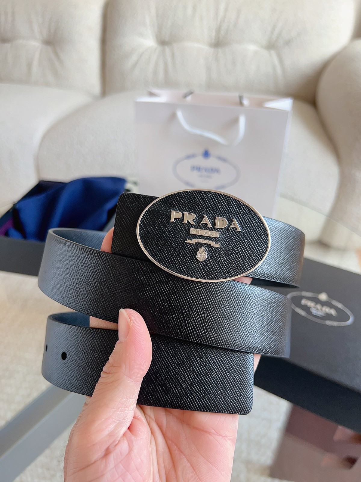 Prada men’s black-button black leather belt