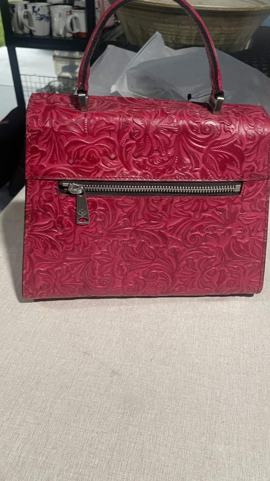 Patricia Nash Red Embossed Floral Top Handle Satchel w Detachable Strap