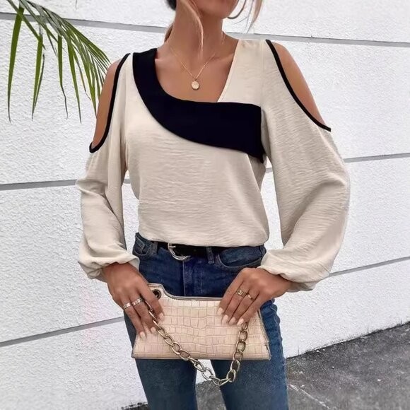 NWT Womens Cold Shoulder Blouse Beige Black Colorblock Long Sleeve Top Shirt M
