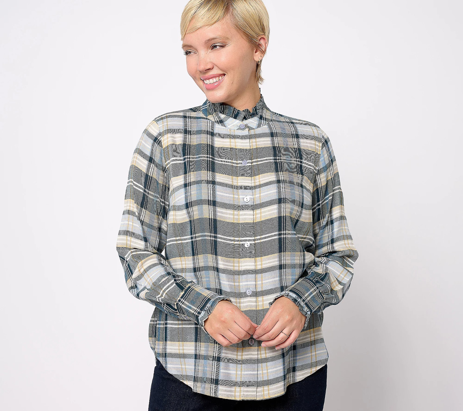 Encore x Idina Menzel Semi-Fitted Ruffle-Trim Blouse – Women’s XS – Denim Plaid