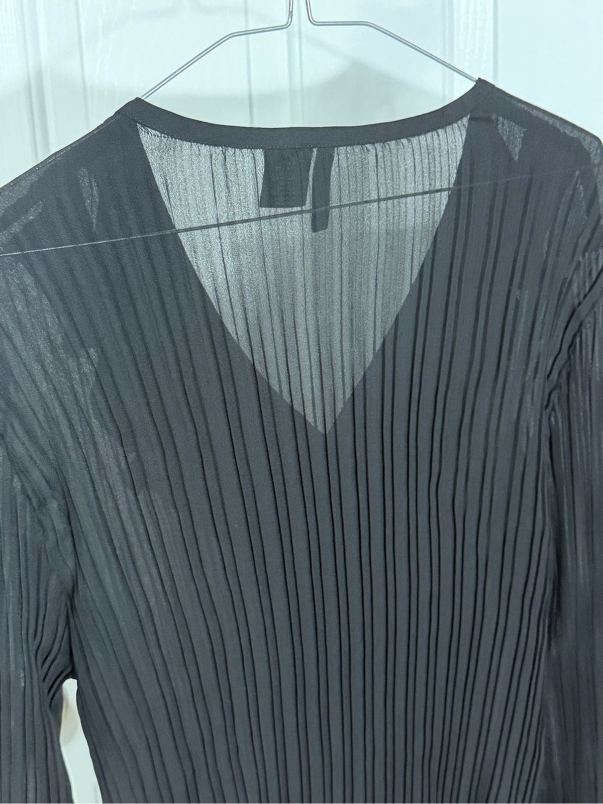 Black Sheer Ruffle Tie-Neck Long Sleeve Blouse Large