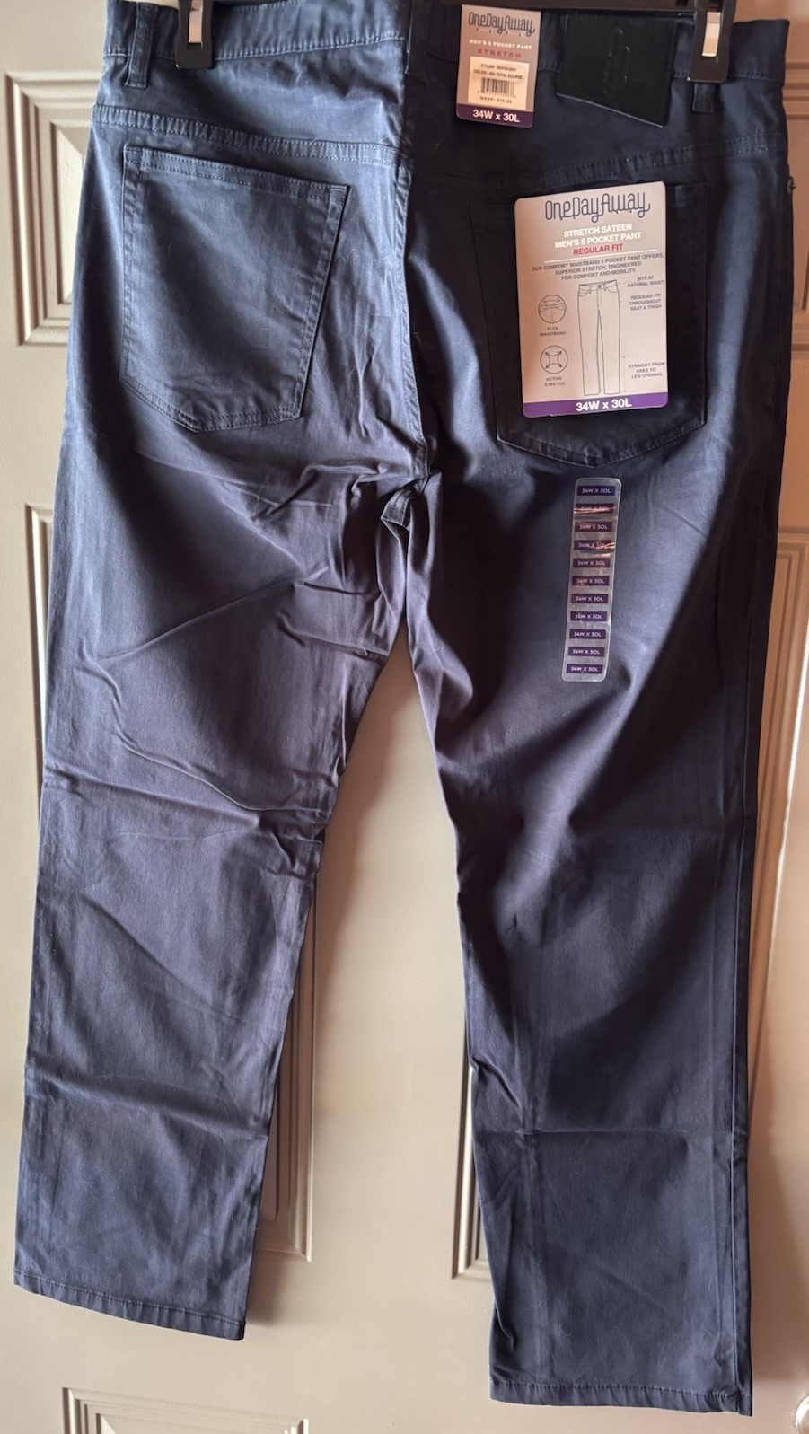 ⁠OneDayAway Mens 5 Pocket Stretch Sateen Pants 34×30 Total Eclipse Navy NWT