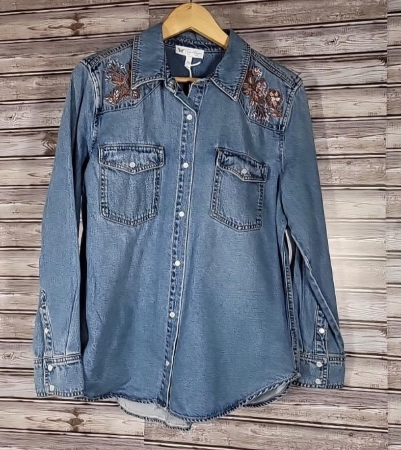Womens Relaxed Fit Denim Shirt Jessica Simpson Snap Front Embroidered Size Large