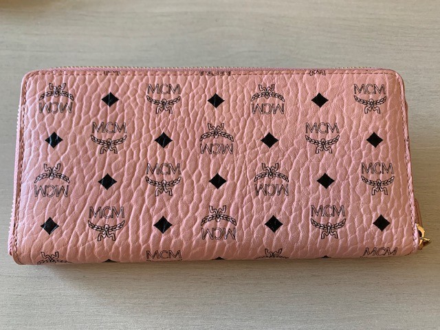 MCM Soft Pink Visetos Zip-Around Wallet Monogram Canvas Natural Nappa Leather