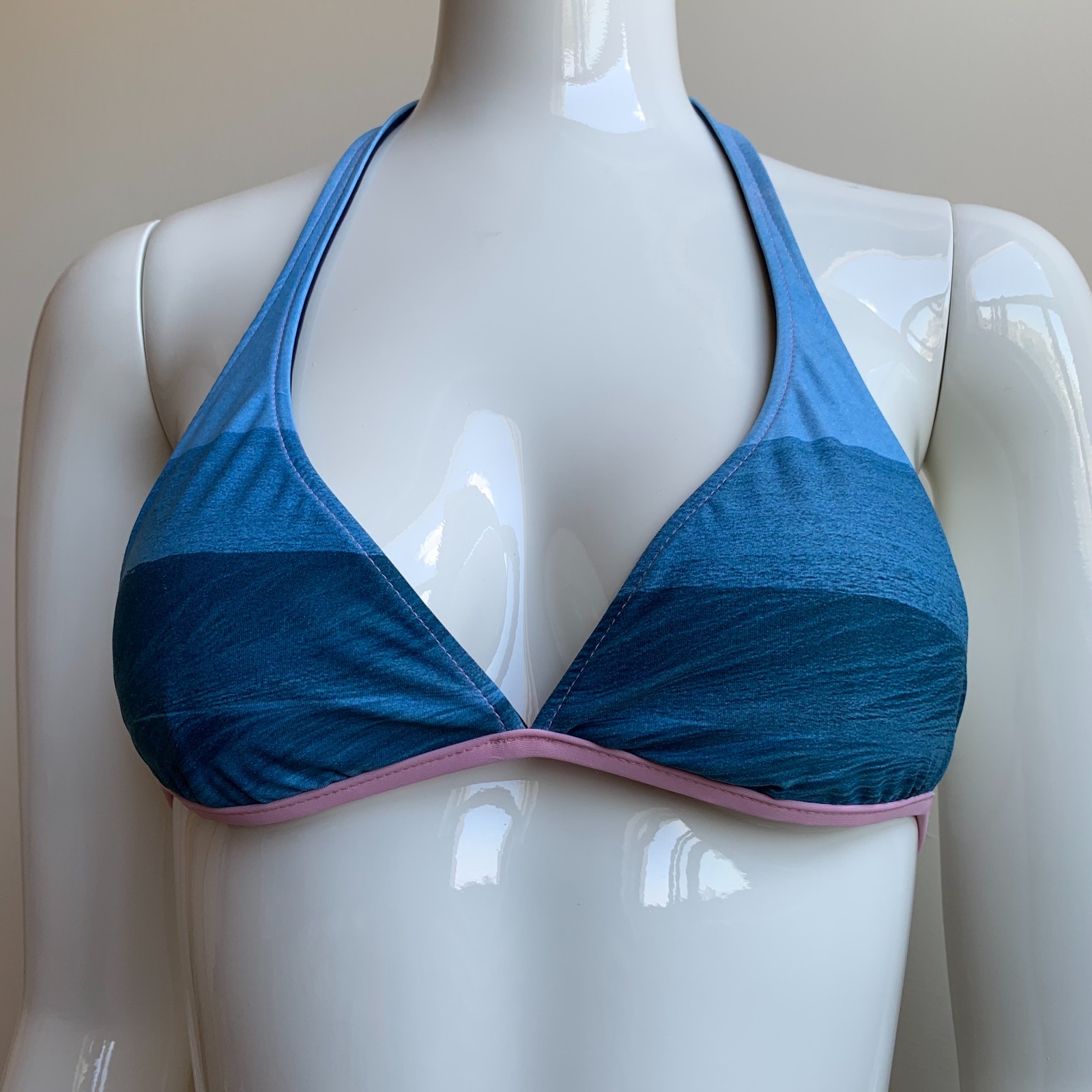 Aaron Chang blue & pink stripe wave reversible scenic photo print bikini
