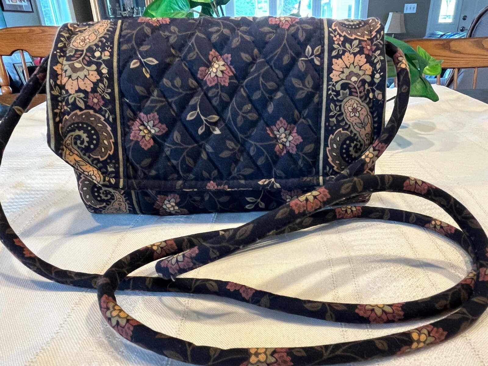 Vera Bradley Vintage Crossbody Organizer Black Walnut Wallet with Strap 1999 US