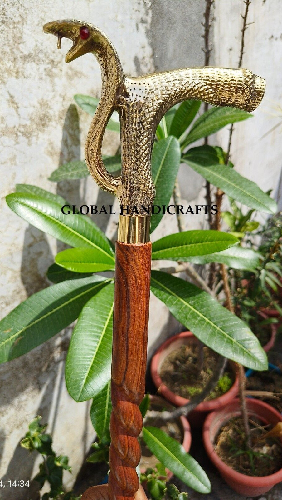 Nautical Brass Designer Snake Handle brown wooden SPIRAL curved walking stick