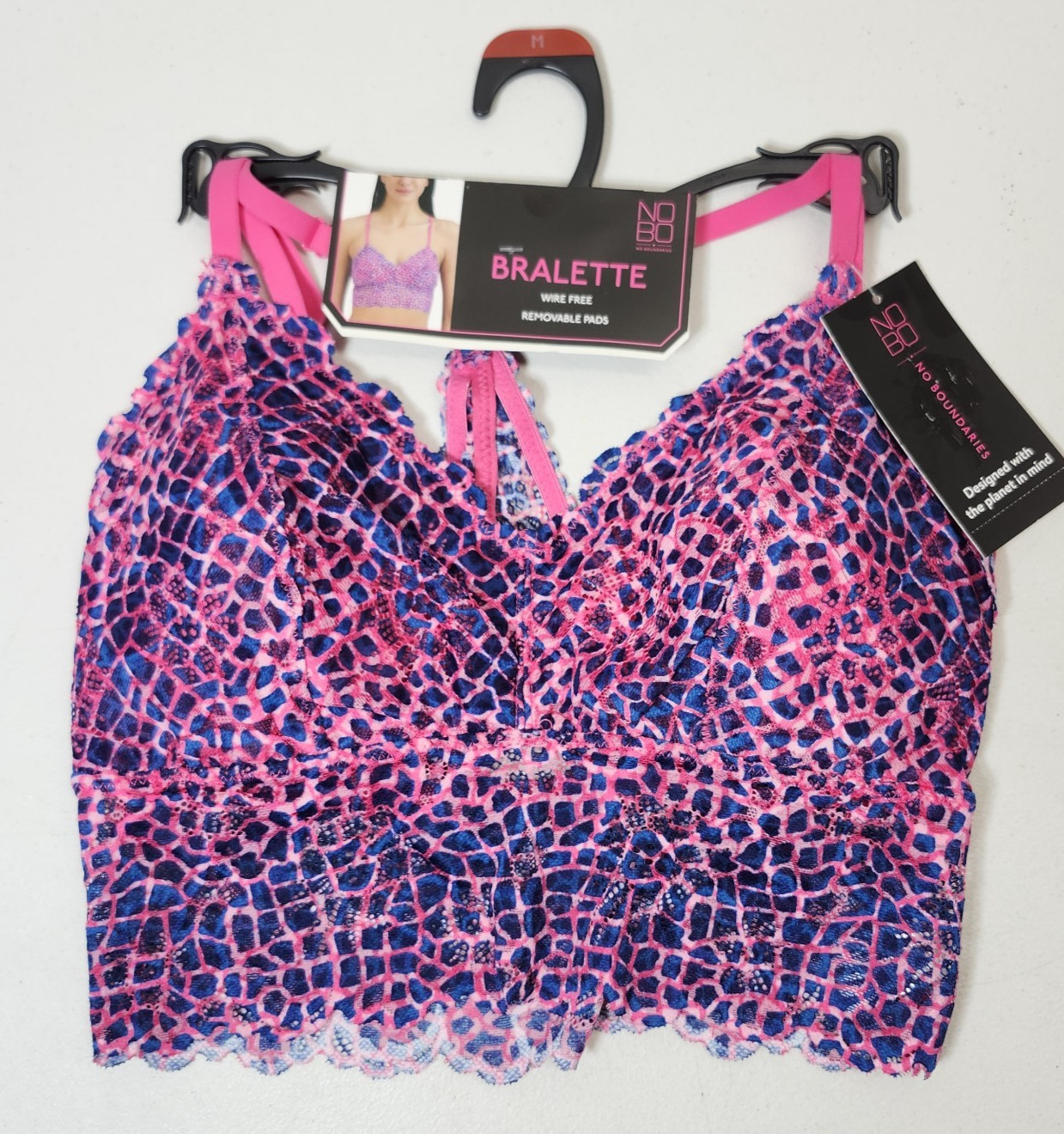 No Boundaries Wirefree Lace Bralette Women’s Size Medium Pink Blue Wireless NEW