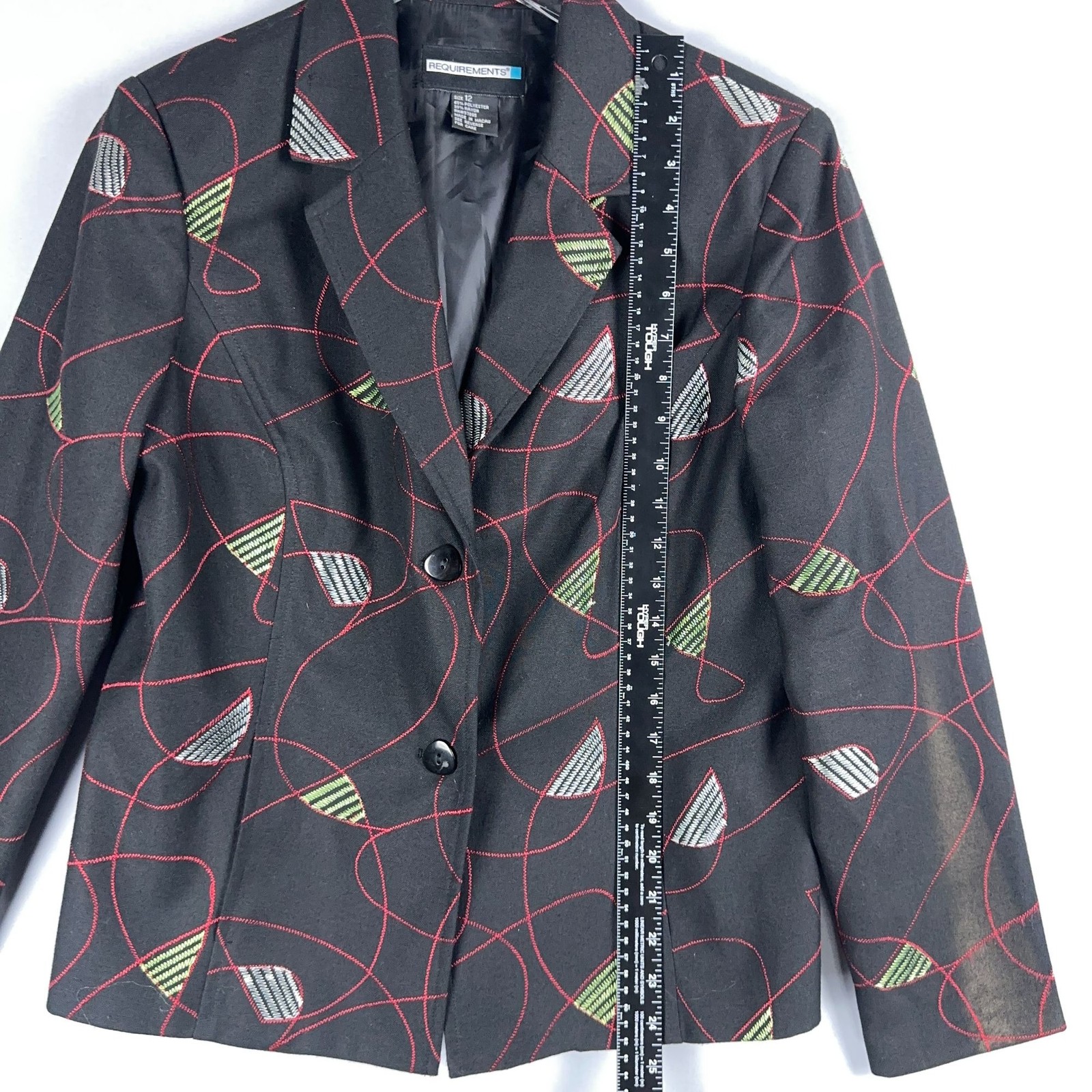 Requirements Blazer Jacket Size 12 Black Abstract Print Button Front Lined