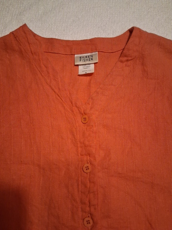 Eileen Fisher Orange Linen Woven Button Front Short Sleeve V-Neck Blouse S