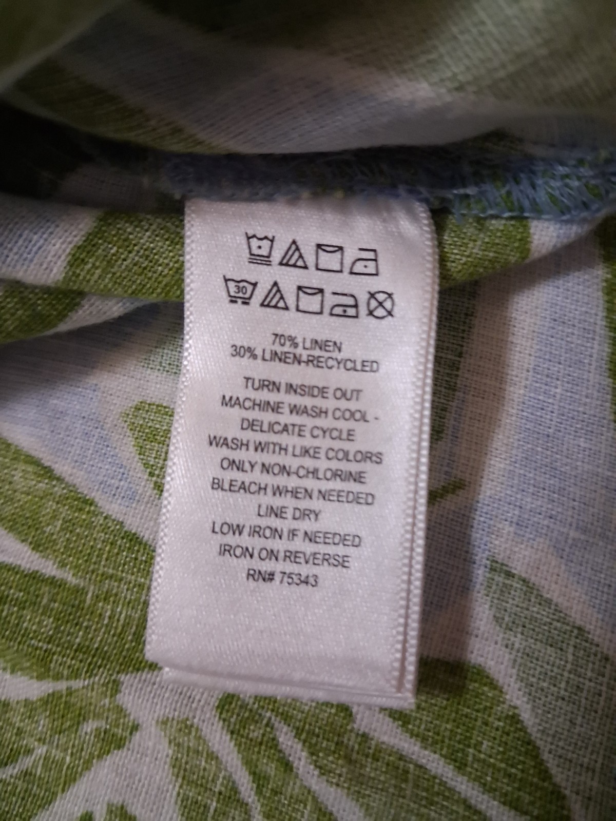 Sigrid Olsen 100% Linen Blouse Medium M Tropical Green Blue Palm Leaf Button Up