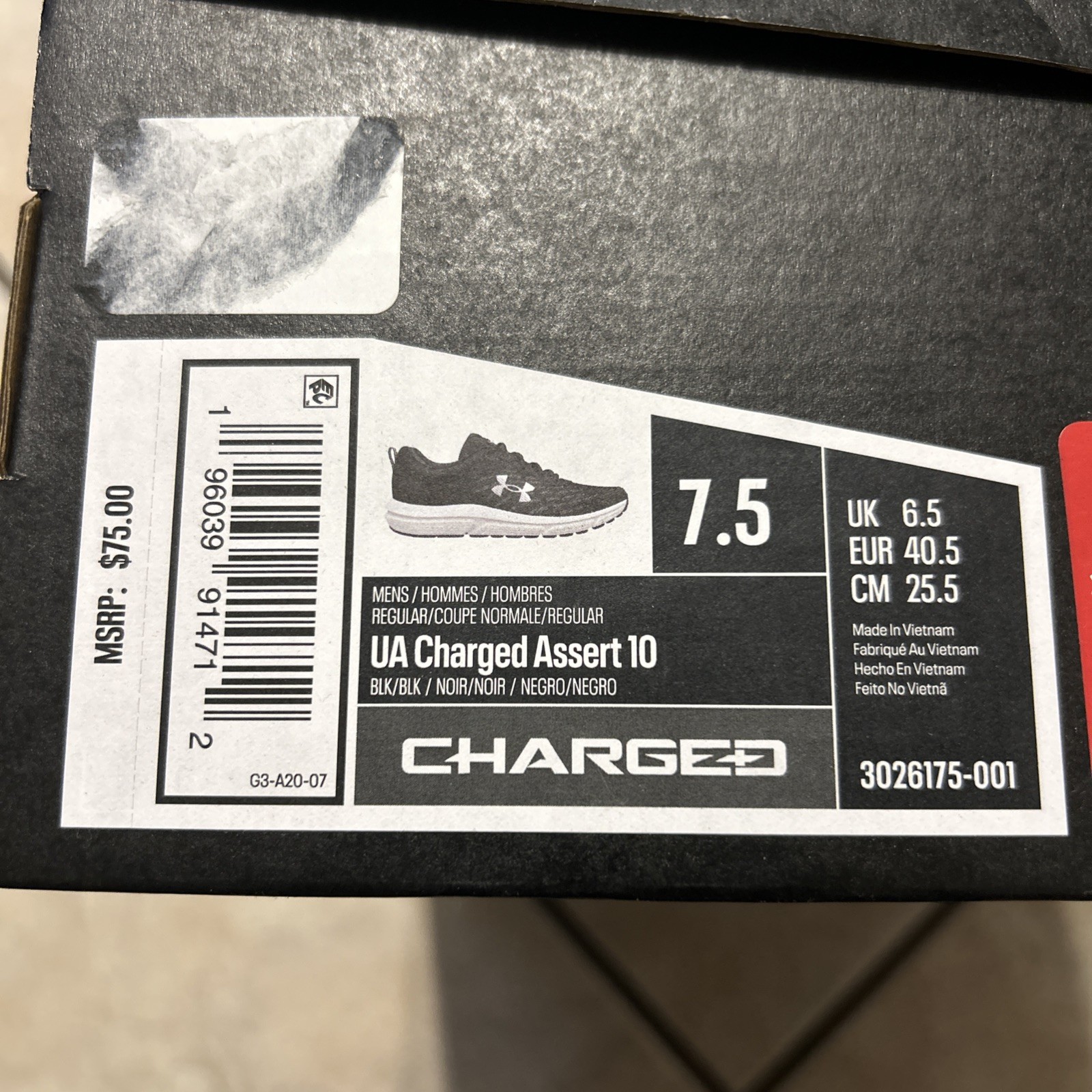 7.5M Under Armour 3026175 Men’s Training Charged Assert 10 Running Athletic