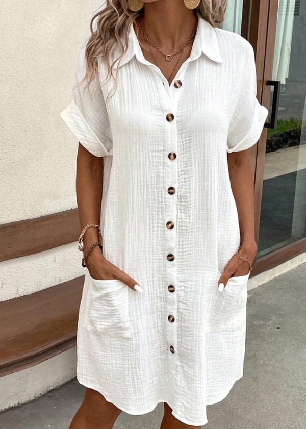 V Neck Button Front Midi Dress Short Sleeve Cotton Casual A Line Sundress