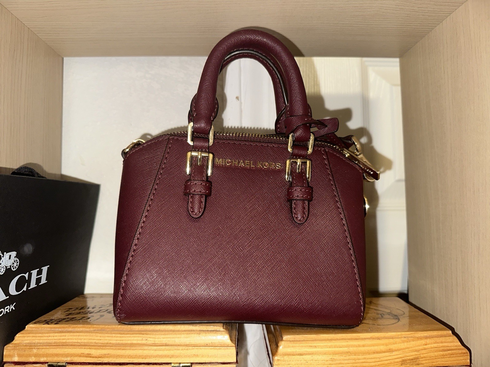 Michael Kors Ciara XS Saffiano leather mini satchel in a deep merlot color