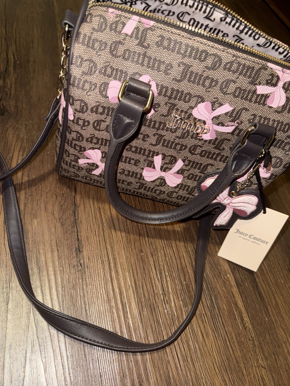 Juicy Couture Brown & Pink Logo Bow Satchel Top Handle Zip w/ Detachable Strap
