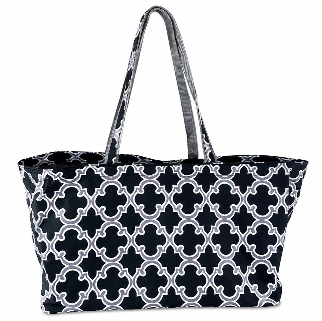 Black Gray Quatrefoil Geometric Oversized Utility Tote Bag Large Beach Grocery