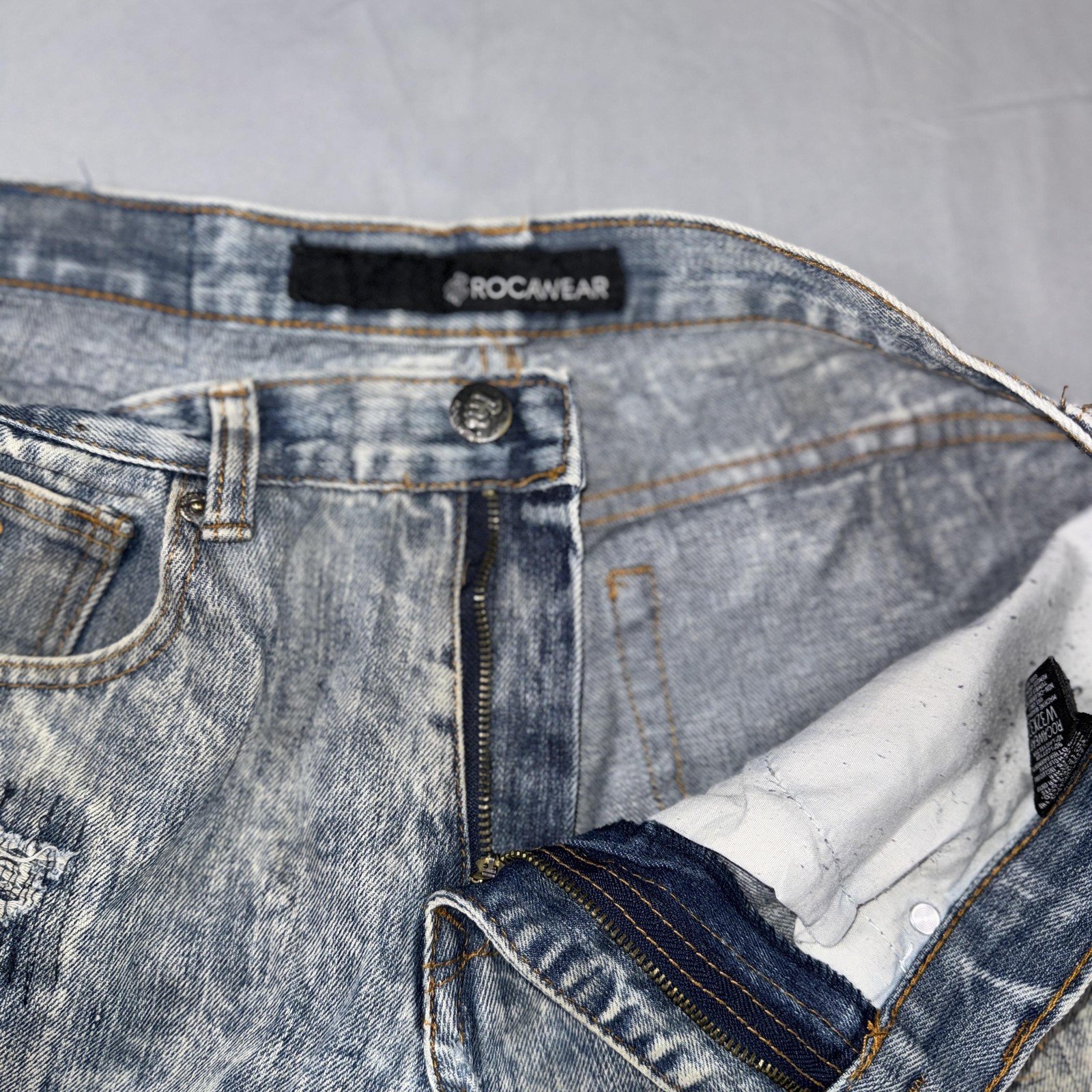 Rocawear Jeans Mens 32×32 Blue Acid Wash Moto Distressed Straight Denim Pants