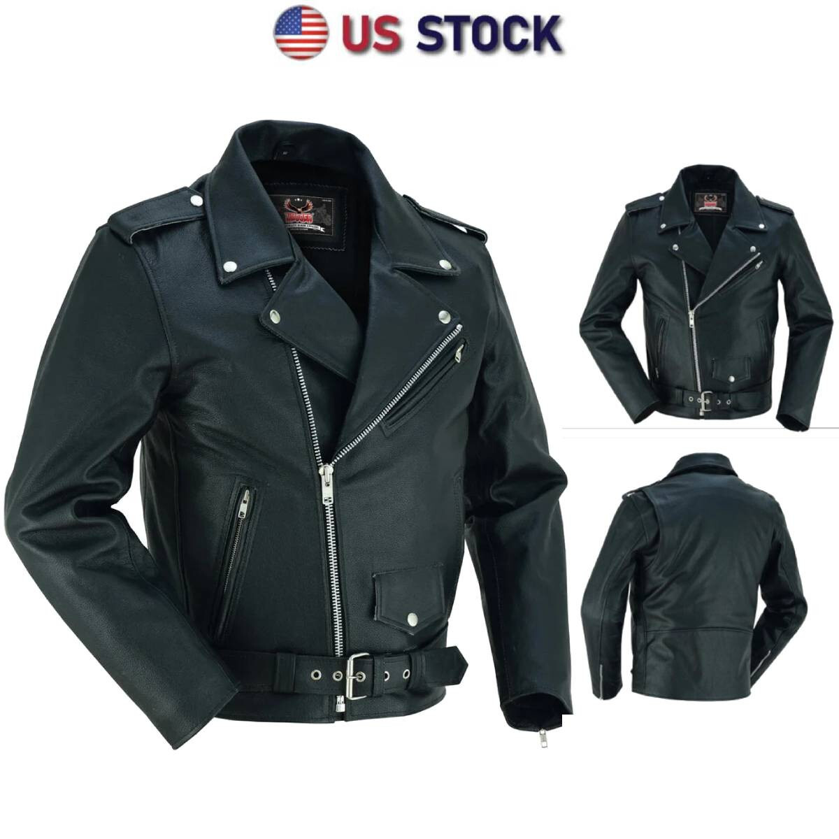Men Genuine Brando Leather Jacket Motorcycle Black Cowhide Marlon Biker Jacket