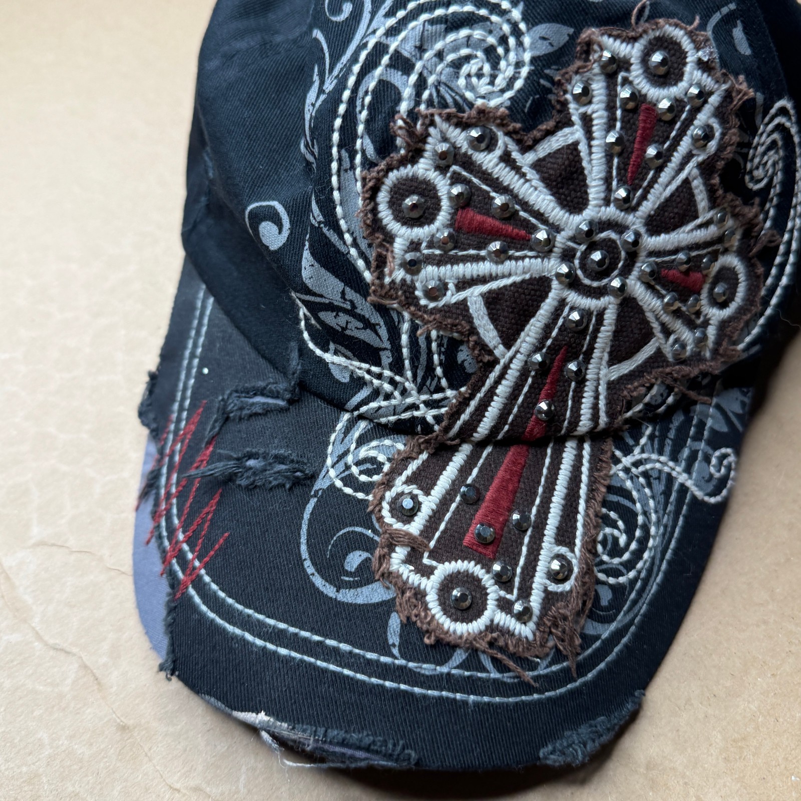 KBETHOS Black Army Cap Adjustable Bead Cross Floral Cotton Cadet Hat Y2K