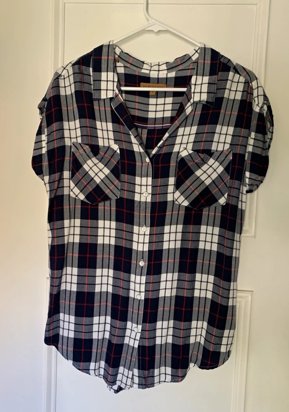 JACHS GIRLFRIEND Women’s L Plaid Button-Up Collared Short Sleeve Blouse Pockets