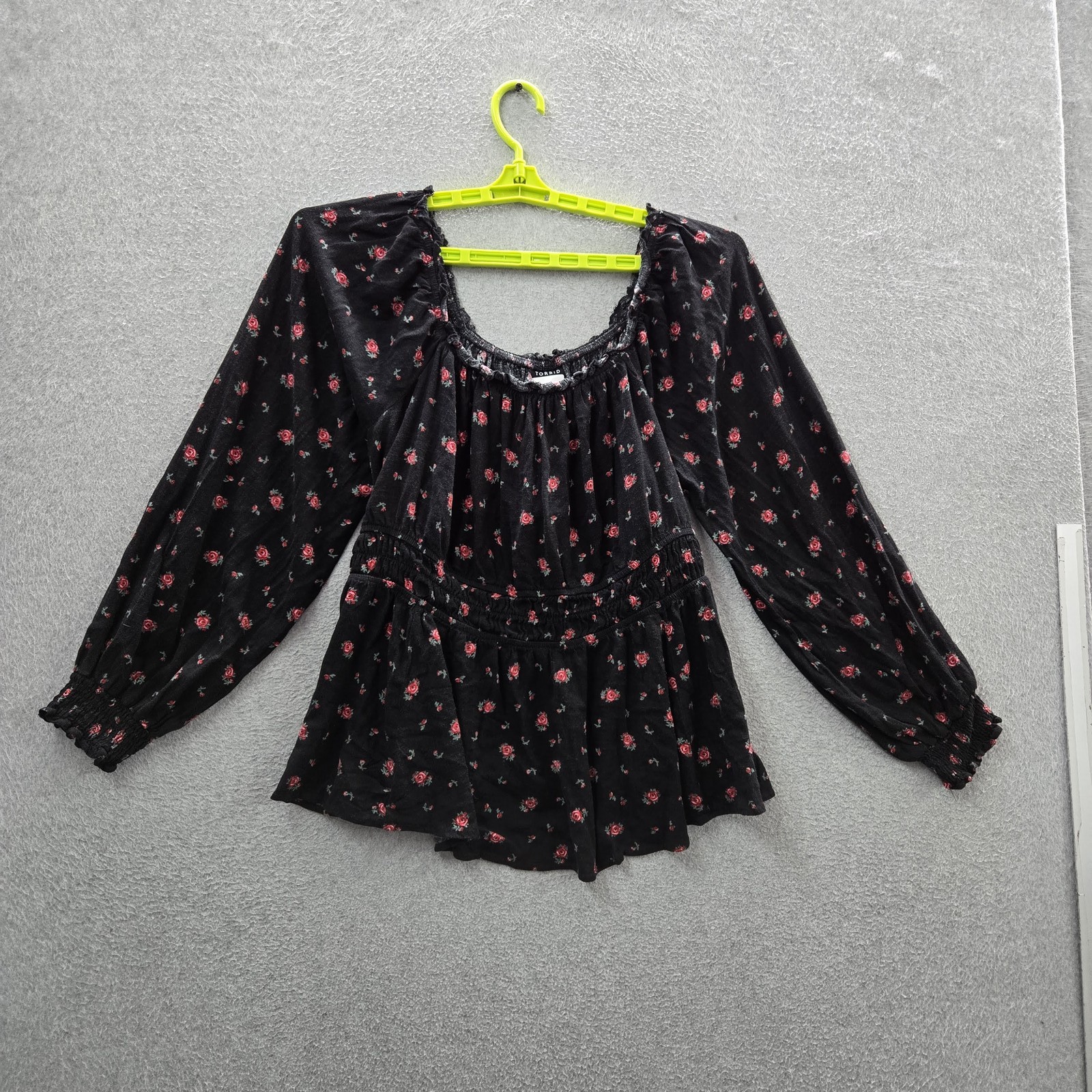 Torrid Women Blouse 1 Black Floral Peplum Ruffle Milkmaid Babydoll Long Sleeve