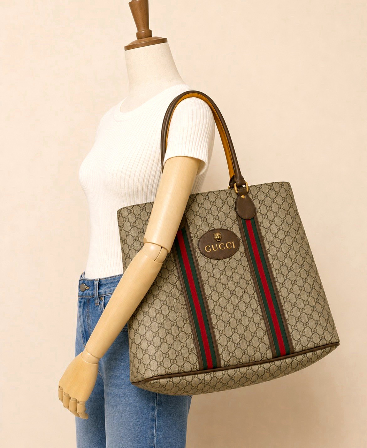 Gucci GG Pattern Web Stripe Tote Bag Zip Top Handle Beige Brown Gold