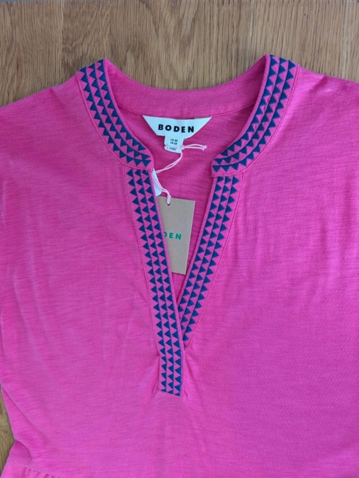 Boden Pink Jersey Dress UK 6 Bright Pink Embroidered Neckline Never Worn