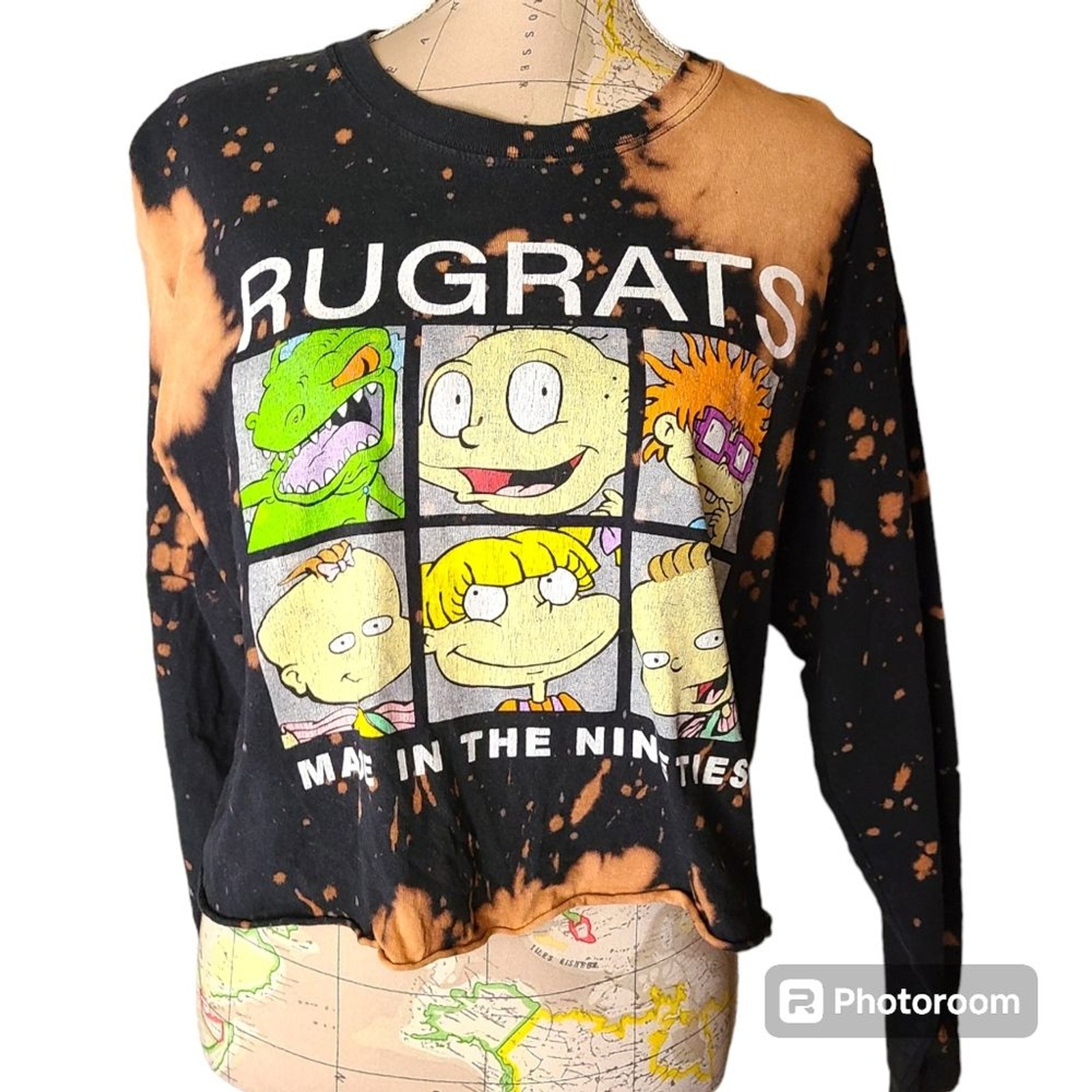RUGRATS Size Large Black Thrashed Bleached Cropped Long Sleeve T-Shirt Kidcore