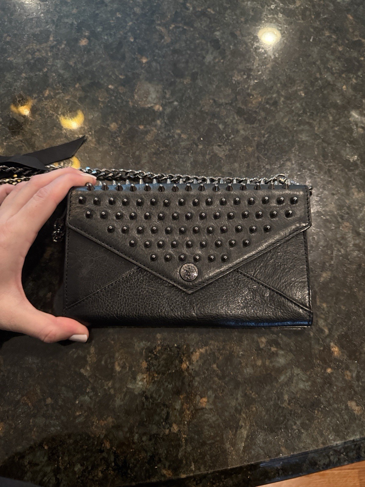 REBECCA MINKOFF Studded Chain Crossbody Mini Wallet Bag Black Leather