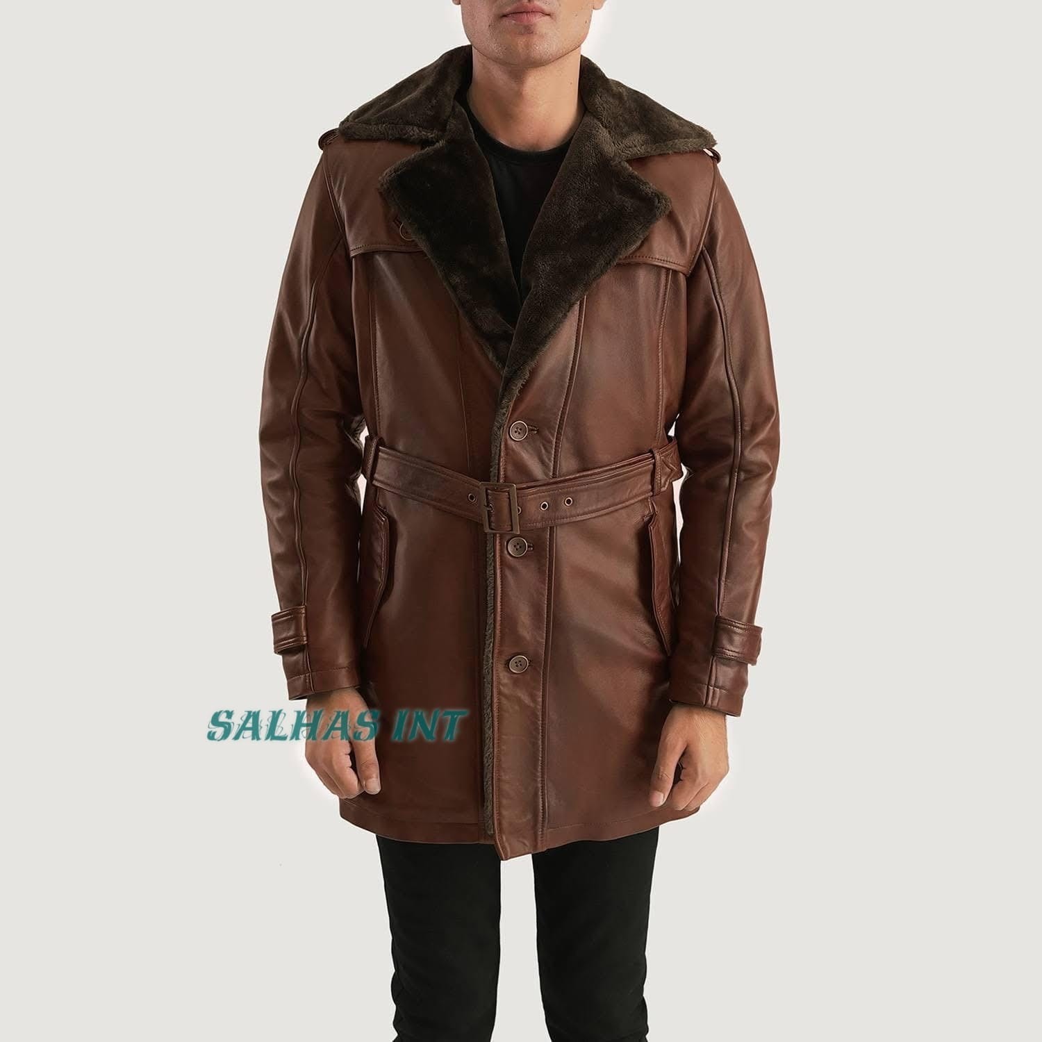 Mens Long Sheepskin Shearling Coat Genuine BrownTan Leather Long Fur Trench Coat