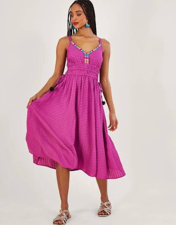 Monsoon Purple (Dark Magenta Pink) Textured Midi Length Sun Dress, Size L, 16-18