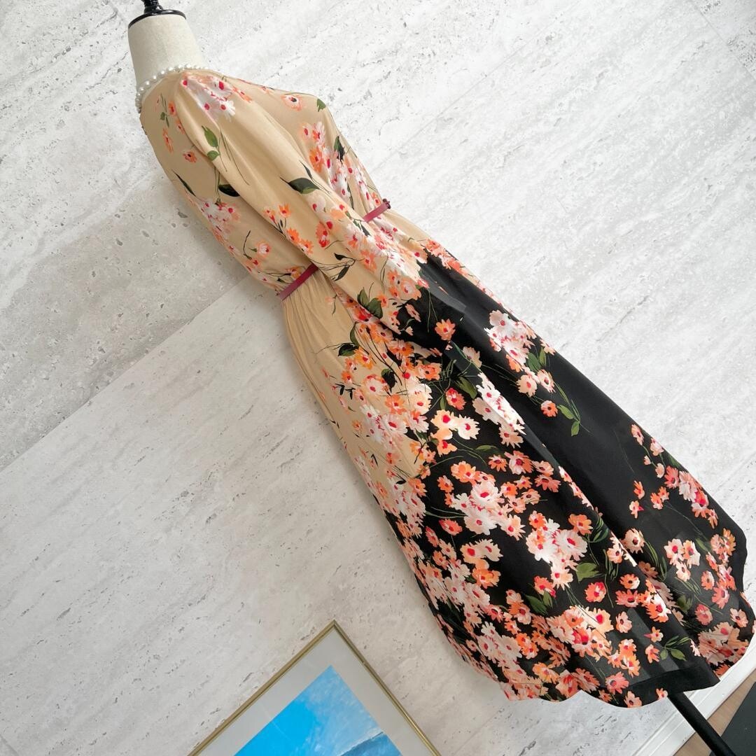 MaxMara Silk Floral Asymmetrical Long Dress Leather Belt Auth