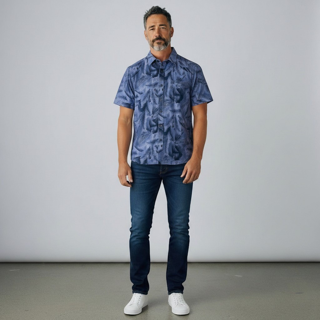UNTUCKit Ferrara Tropical Blue Palm Leaf Mens S Short Sleeve Button Up Shirt