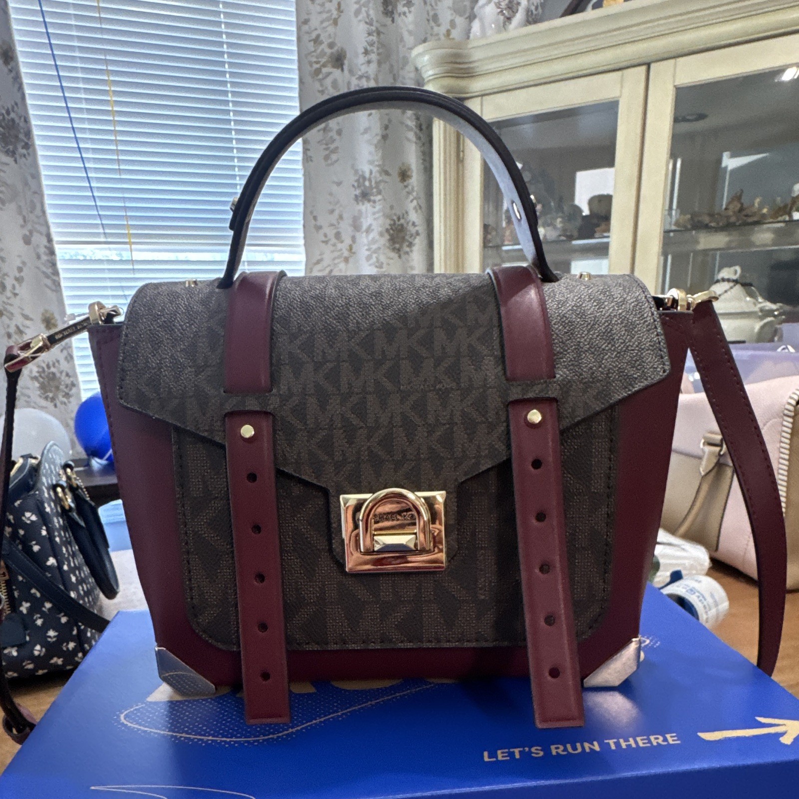 Michael Kors Signature Logo Satchel Top Handle, Small, Strap, Push Lock, Gold