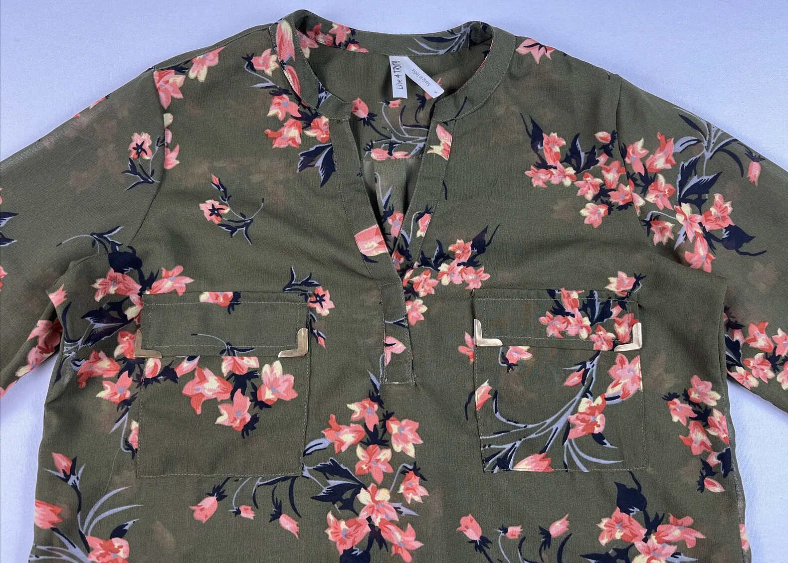 Live 4 Truth Size Small Green Floral Sheer Blouse 3/4 Sleeves W/ Roll Tab Option