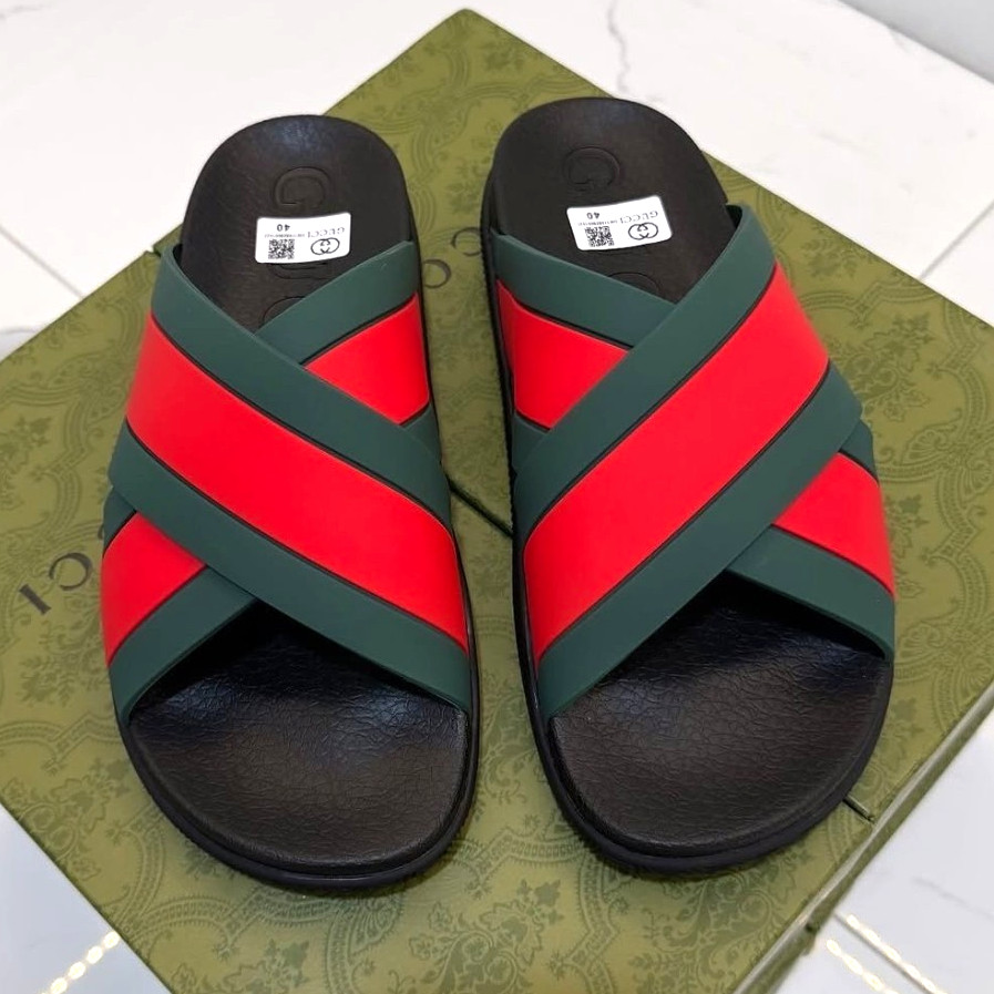Gucci Logo Web Slide Sandals Men’s EU 40 US 8 Red/Green/Black Rubber